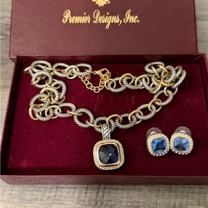 Premier Designs Sunday Brunch Necklace & Earrings gold silver tone blue stone